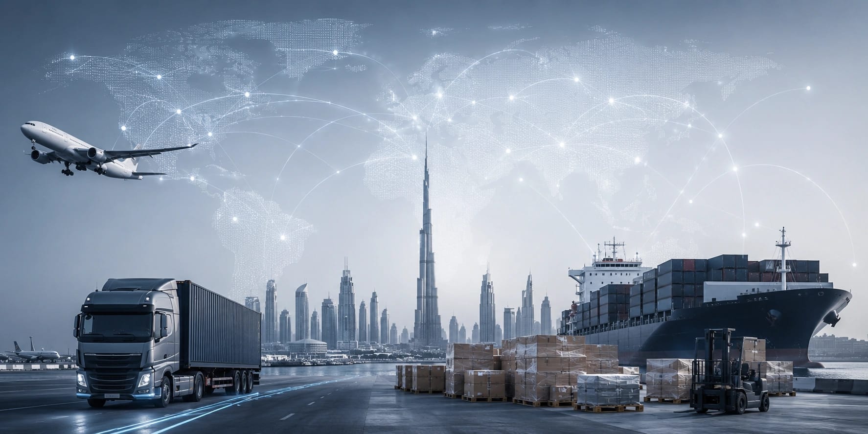 Global freight routes and worldwide cargo network from Dubai