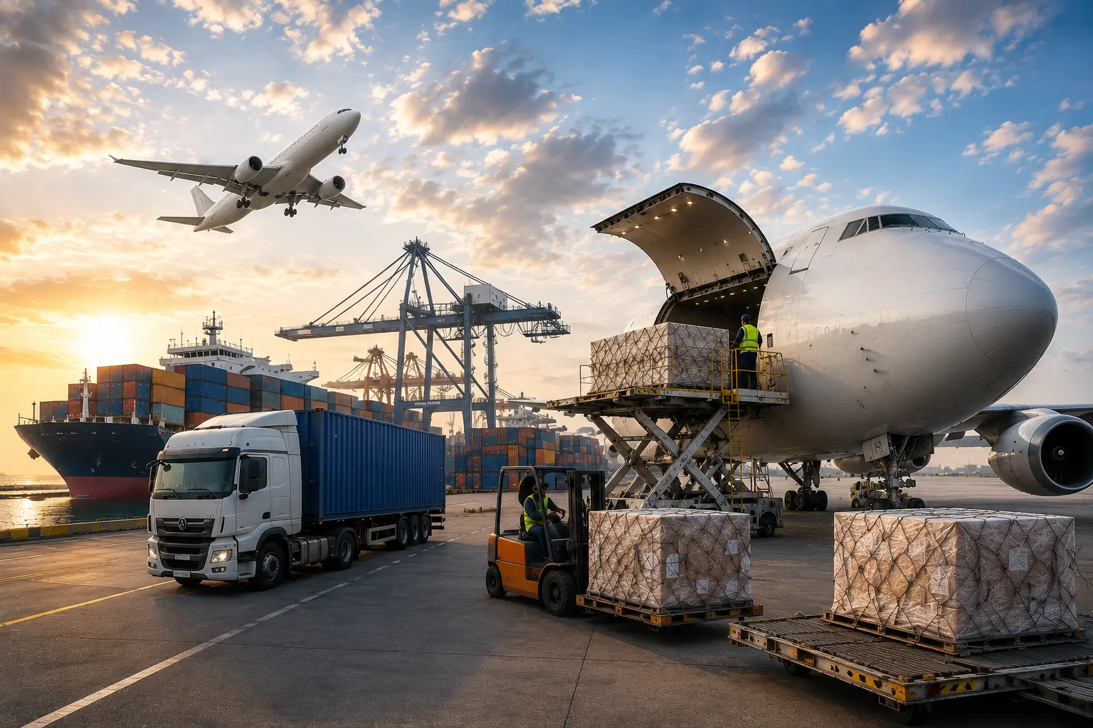 Cargo aircraft, truck and freight operations supporting global shipments from Dubai